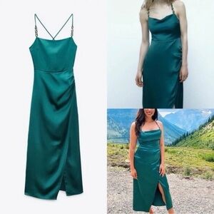 NWOT Zara women’s XS  midi satin emerald green Elegant Green Evening Gown dress